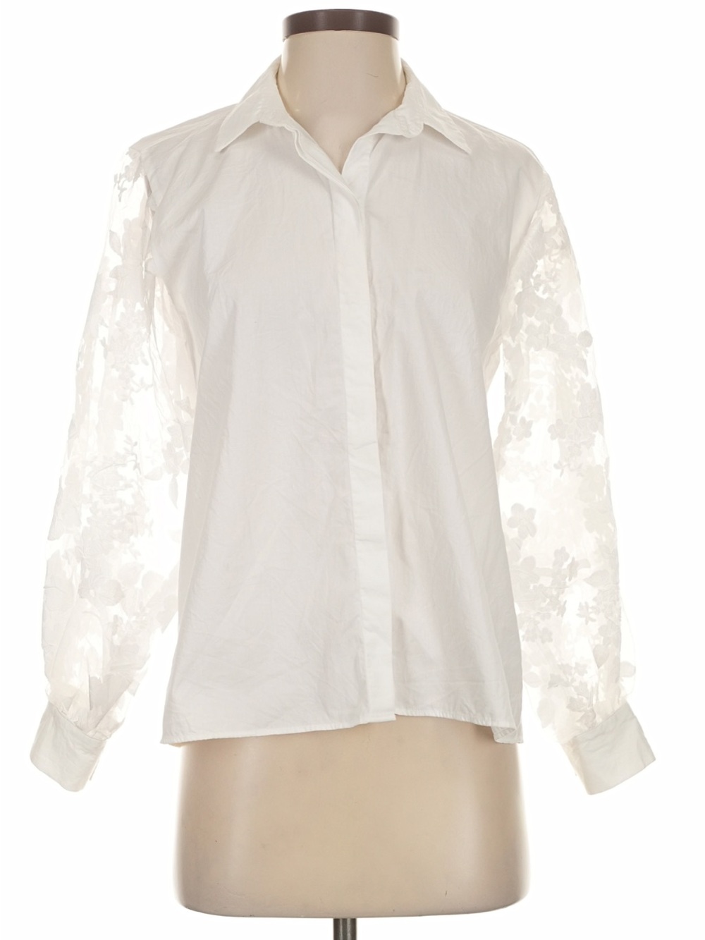 Zara White Button-Down Shirt with Sheer Floral Sleeves